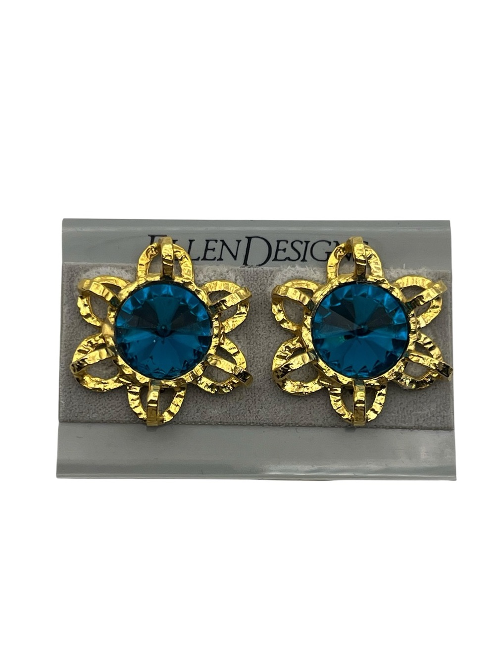 Ellen Designs aqua blue rhinestone oversized flower gold tone clip on earrings